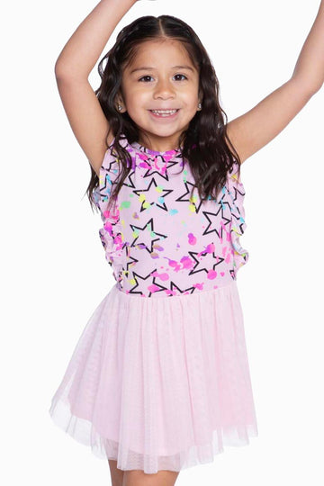 SIMPLY SOFT RUFFLE TULLE BE HAPPY DRESS - BLUSH SPLATTER STAR