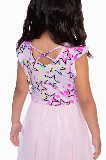 SIMPLY SOFT RUFFLE TULLE BE HAPPY DRESS - BLUSH SPLATTER STAR