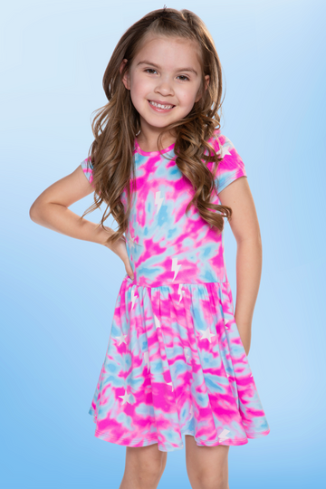 Simply Soft Short Sleeve Scoop Back Be Happy Dress - Pink Aqua Star Bolts - Pink Aqua Star Bolts