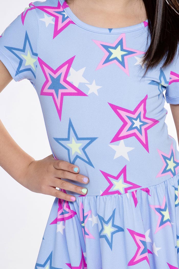 Simply Soft Short Sleeve Be Happy Dress - Chambray Fuchsia Star