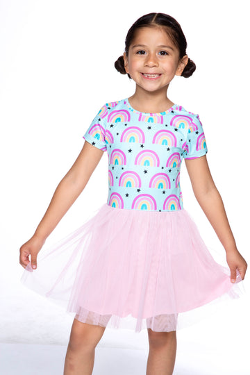 Simply Soft Short Sleeve Be Happy Tulle Dress - Ice Aqua Rainbows