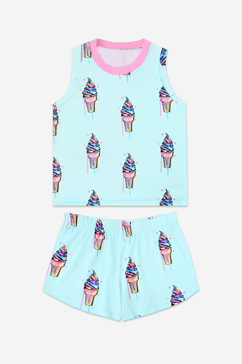 Simply Soft Sleeveless Easy Tank & Dolphin Short - Ice Aqua Pink Ice Creams