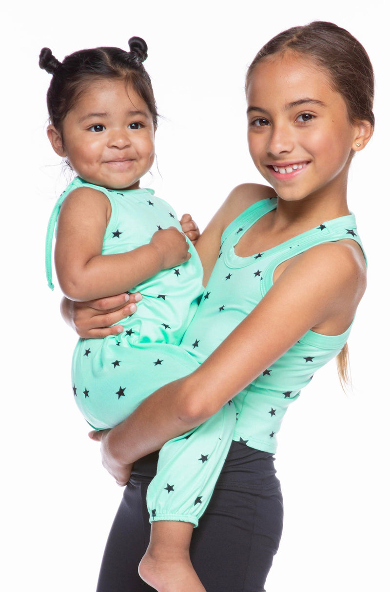 Simply Soft Strappy Baby Jumpsuit - Ice Mint Black Stars