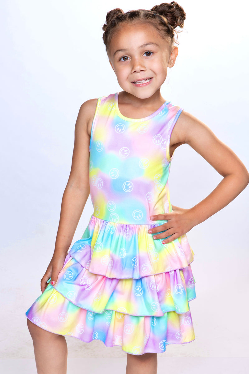 Simply Soft Tank Triple Ruffle Skirt Dress - Cotton Candy Smiley