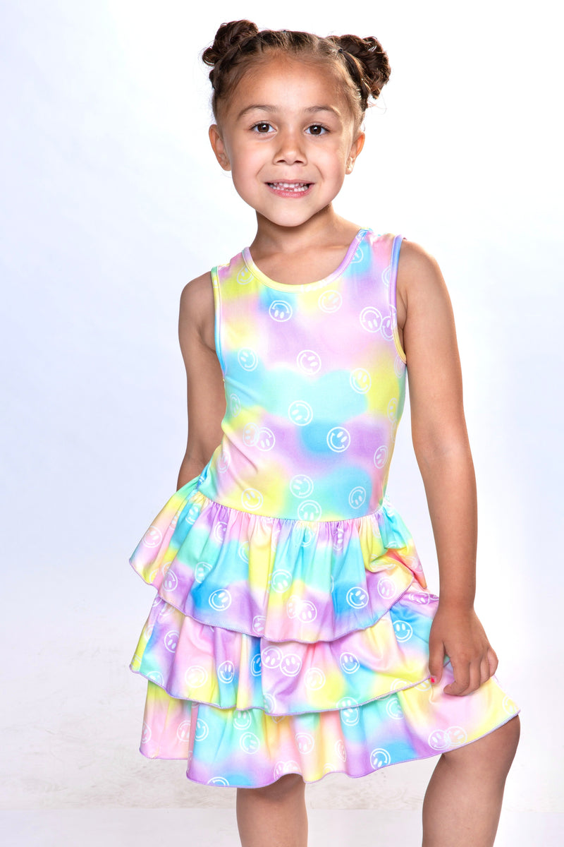 Simply Soft Tank Triple Ruffle Skirt Dress - Cotton Candy Smiley