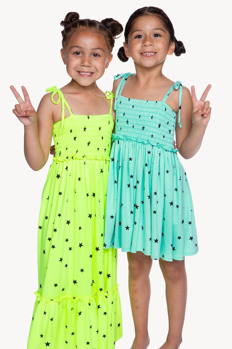 Simply Soft Tiered Smocked Maxi Dress - Neon Lemon Black Stars