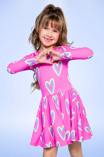 Simply Soft Long Sleeve Be Happy Dress - Pink Rainbow Hearts