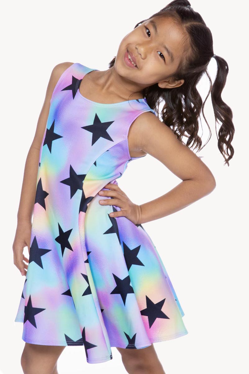 SLEEVELESS TWIRL DRESS - HOLO BLACK STARS