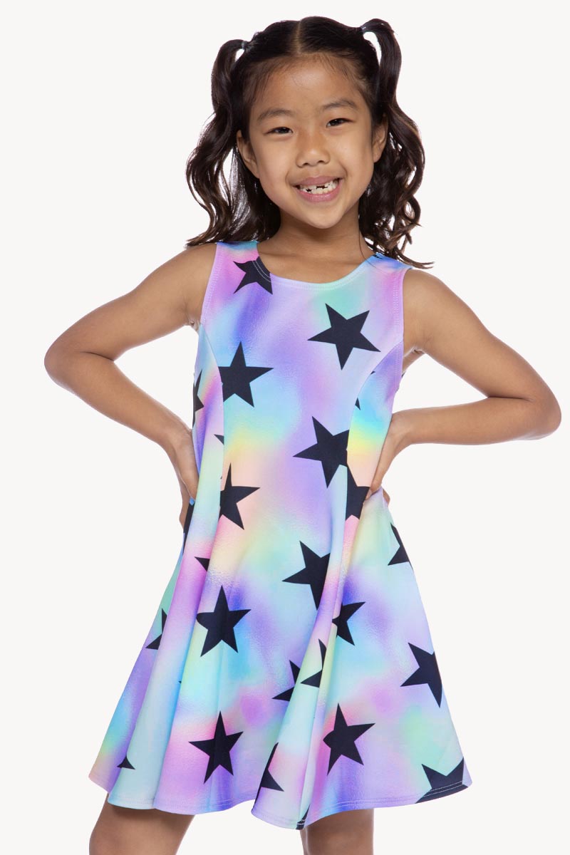 SLEEVELESS TWIRL DRESS - HOLO BLACK STARS