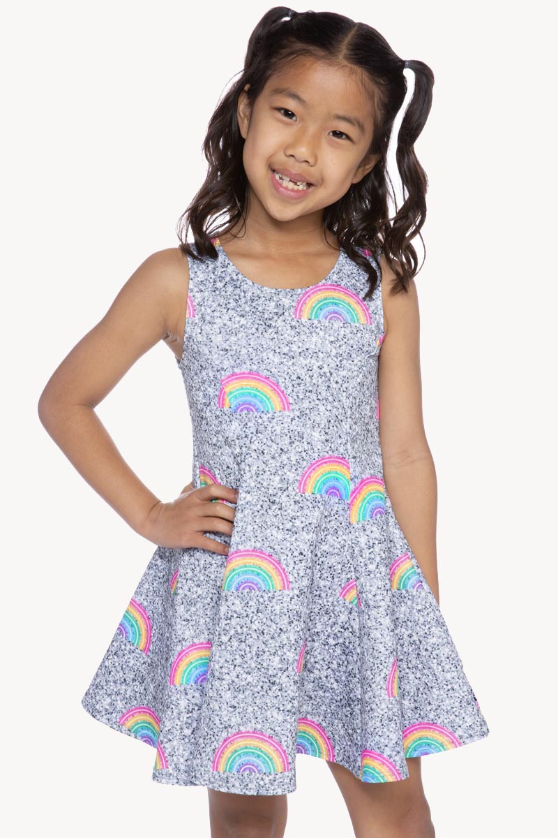 SLEEVELESS TWIRL DRESS - SILVER GLITTER RAINBOW