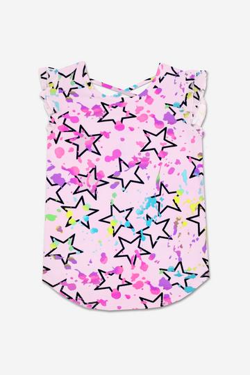 SIMPLY SOFT FLUTTER CROSS-BACK SHIRTTAIL - BLUSH STAR SPLATTER