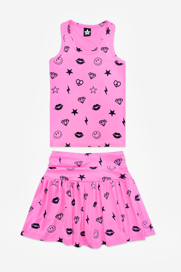 Simply Soft Racerback Tank & Shirred Waist Skort - Neon Pixie Pink Icons