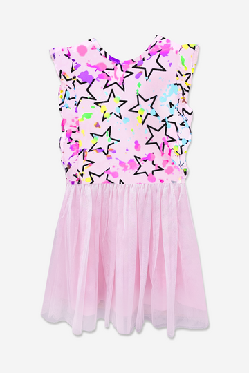 SIMPLY SOFT RUFFLE TULLE BE HAPPY DRESS - BLUSH SPLATTER STAR