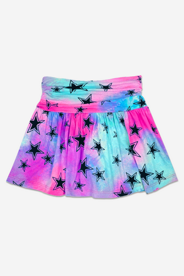 SIMPLY SOFT SHIRRED WAIST SKORT - AQUA PINK TIE DYE STARS