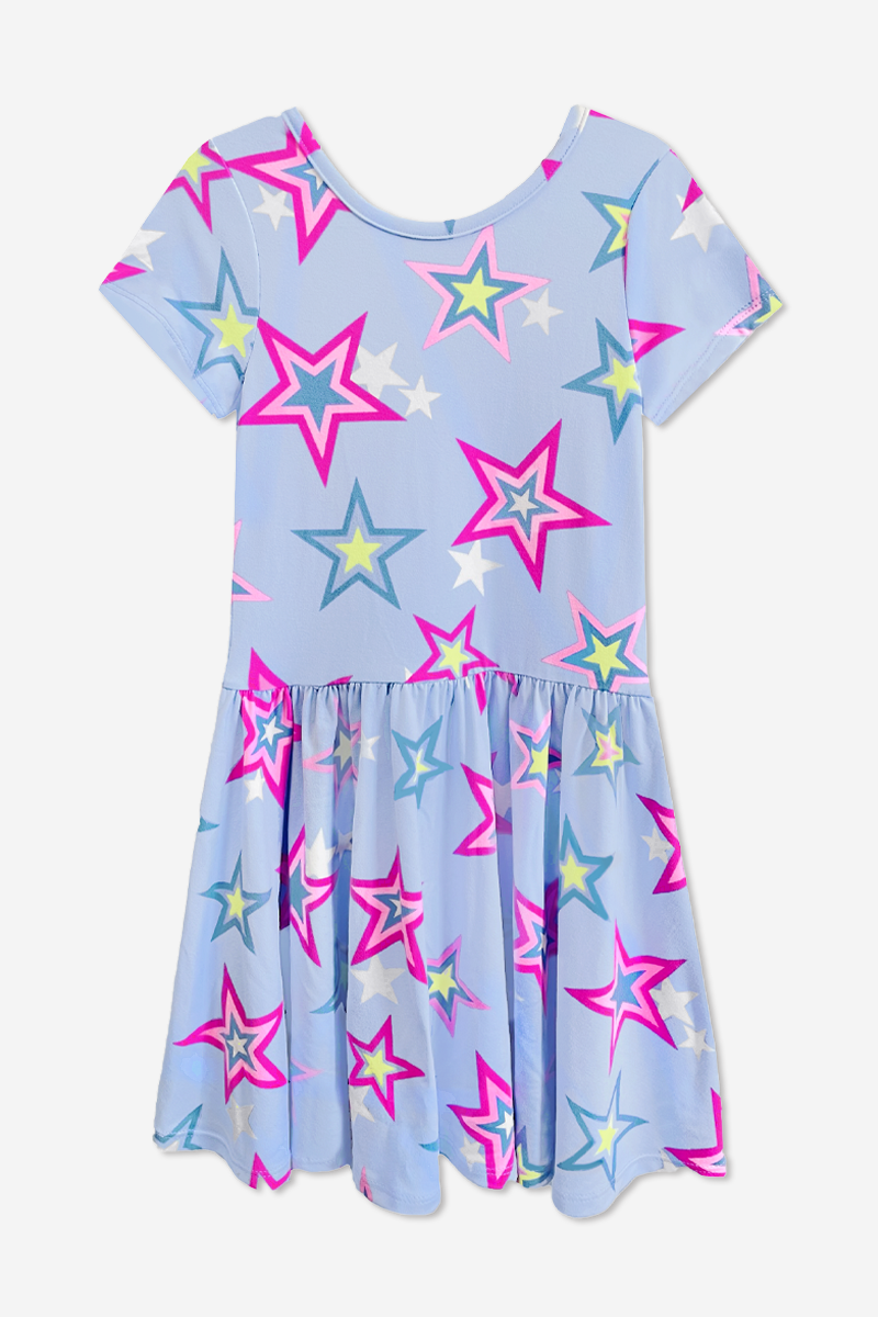 Simply Soft Short Sleeve Be Happy Dress - Chambray Fuchsia Star