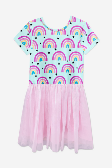 Simply Soft Short Sleeve Be Happy Tulle Dress - Ice Aqua Rainbows