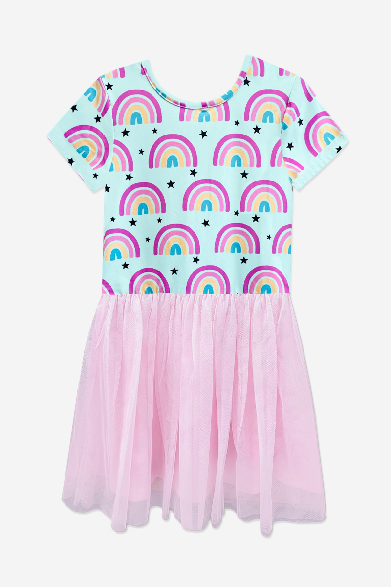 Simply Soft Short Sleeve Be Happy Tulle Dress - Ice Aqua Rainbows