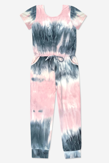 Simply Soft Short Sleeve Jumpsuit - Pink Grey Tie Dye