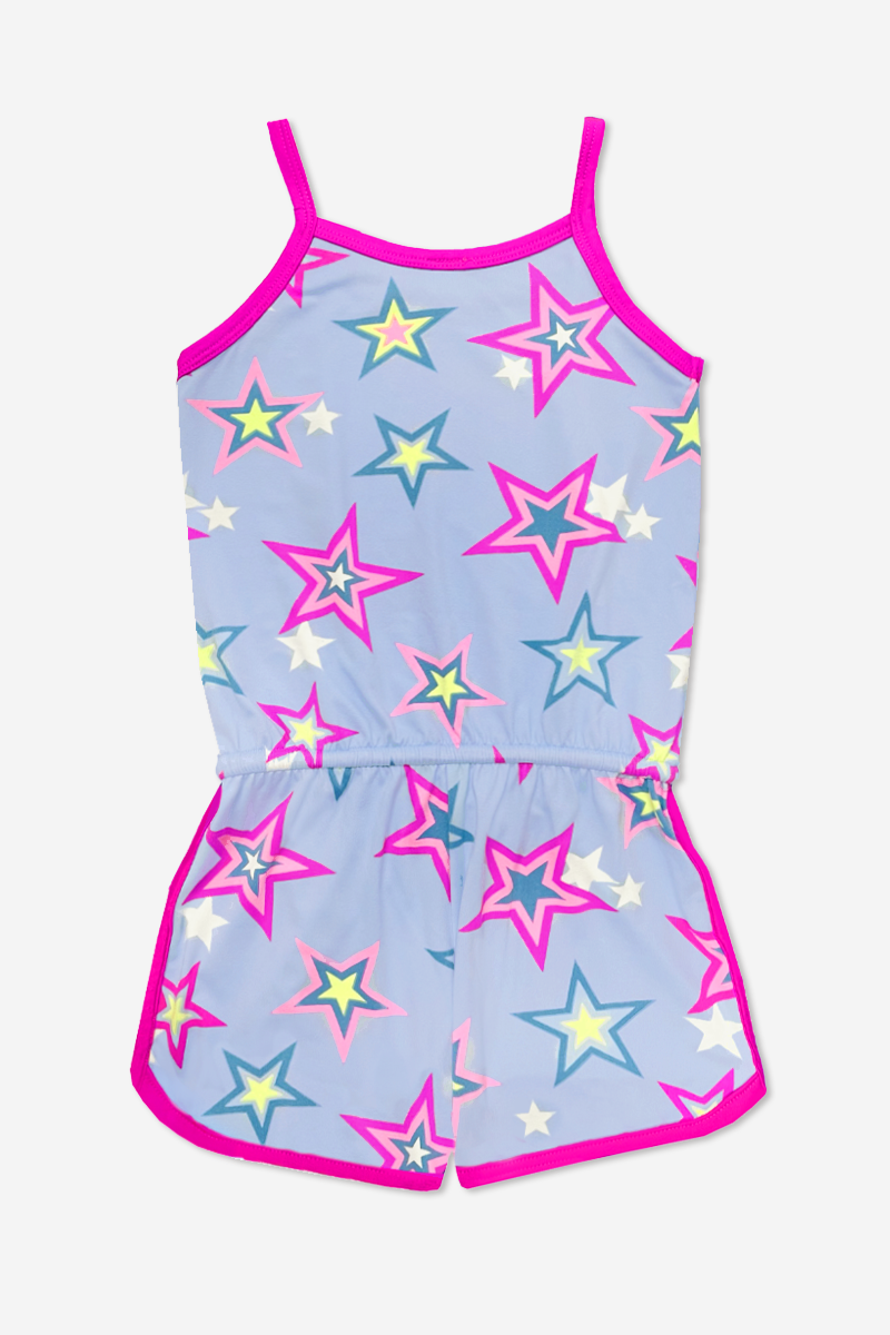 Simply Soft Strappy Dolphin Short Romper - Chambray Fuchsia Star