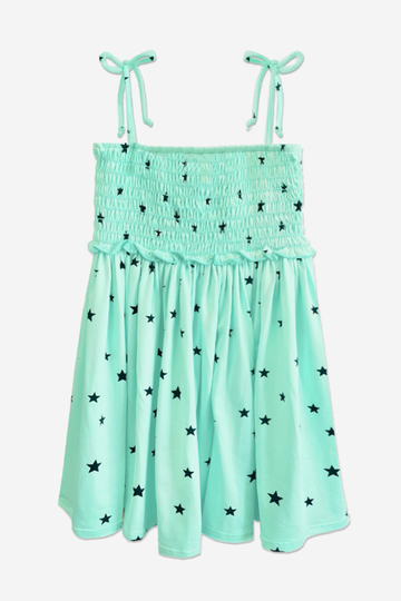 Simply Soft Strappy Smocked Dress - Ice Mint Black Stars - Ice Mint Black Stars