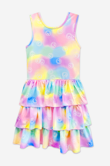 Simply Soft Tank Triple Ruffle Skirt Dress - Cotton Candy Smiley