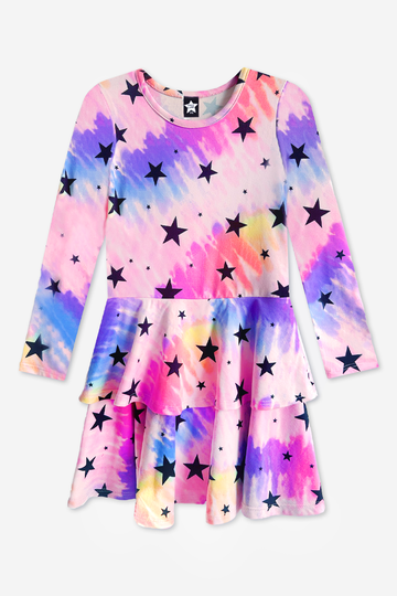 Simply Soft Long Sleeve Ruffle Skirt Dress - Pink Rainbow Stars