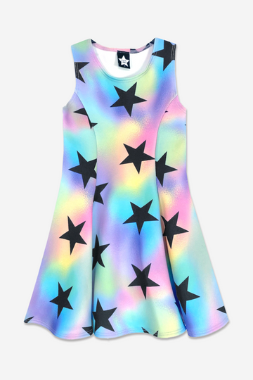 SLEEVELESS TWIRL DRESS - HOLO BLACK STARS