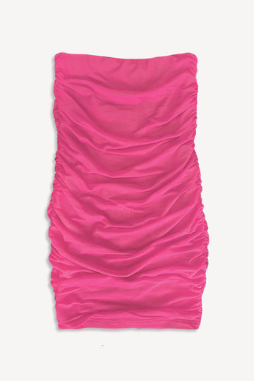 Strapless Mesh Ruched Dress - Fuchsia