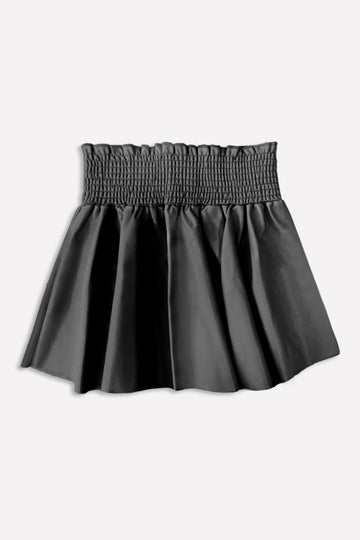 Vegan Leather Smocked Skater Skirt - Black