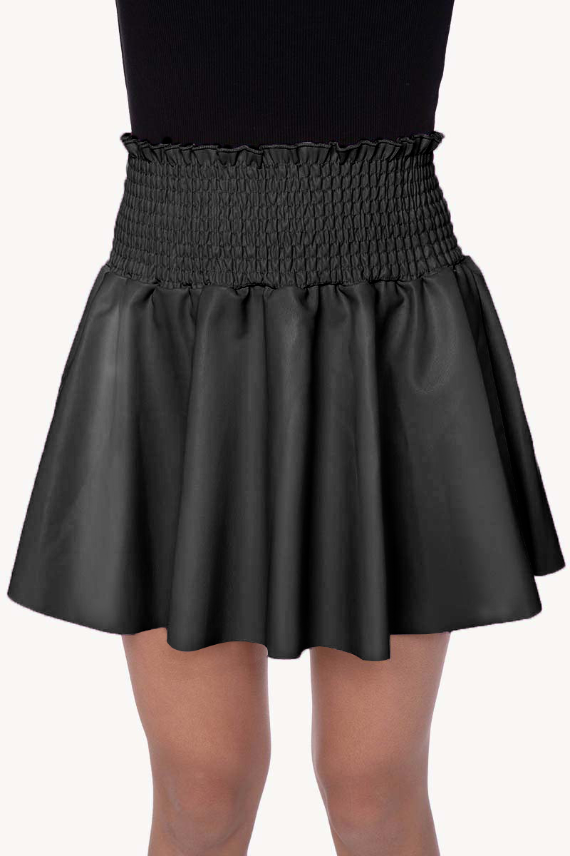 Vegan Leather Smocked Skater Skirt - Black