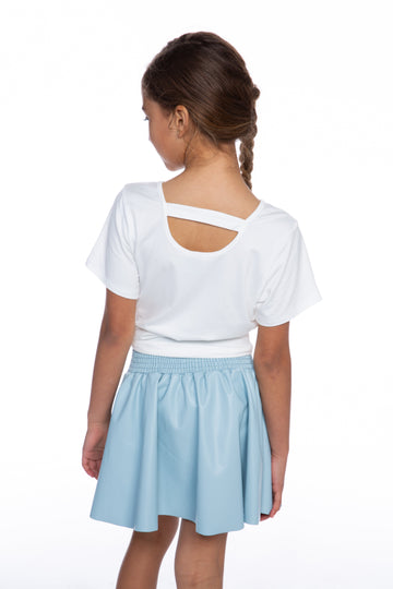 Vegan Leather Smocked Skater Skirt - Sky Blue