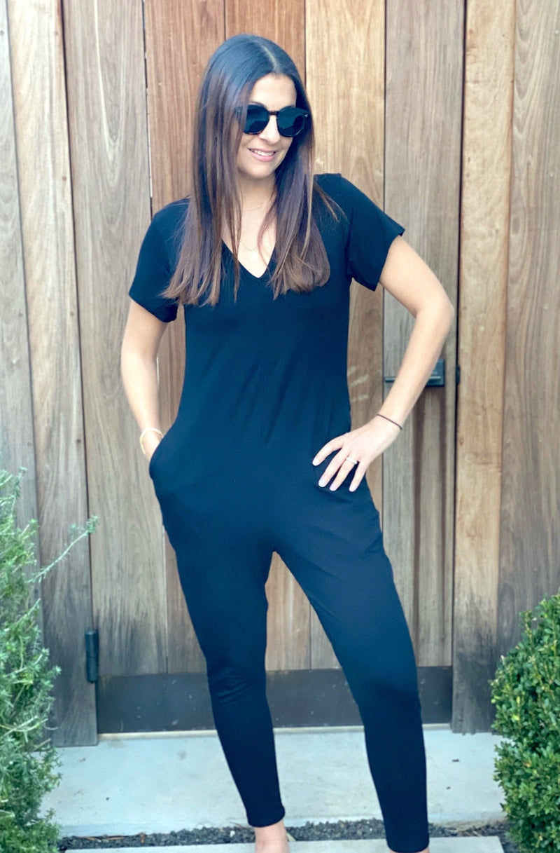 Women's Short Sleeve No Waist Jumpsuit - Black